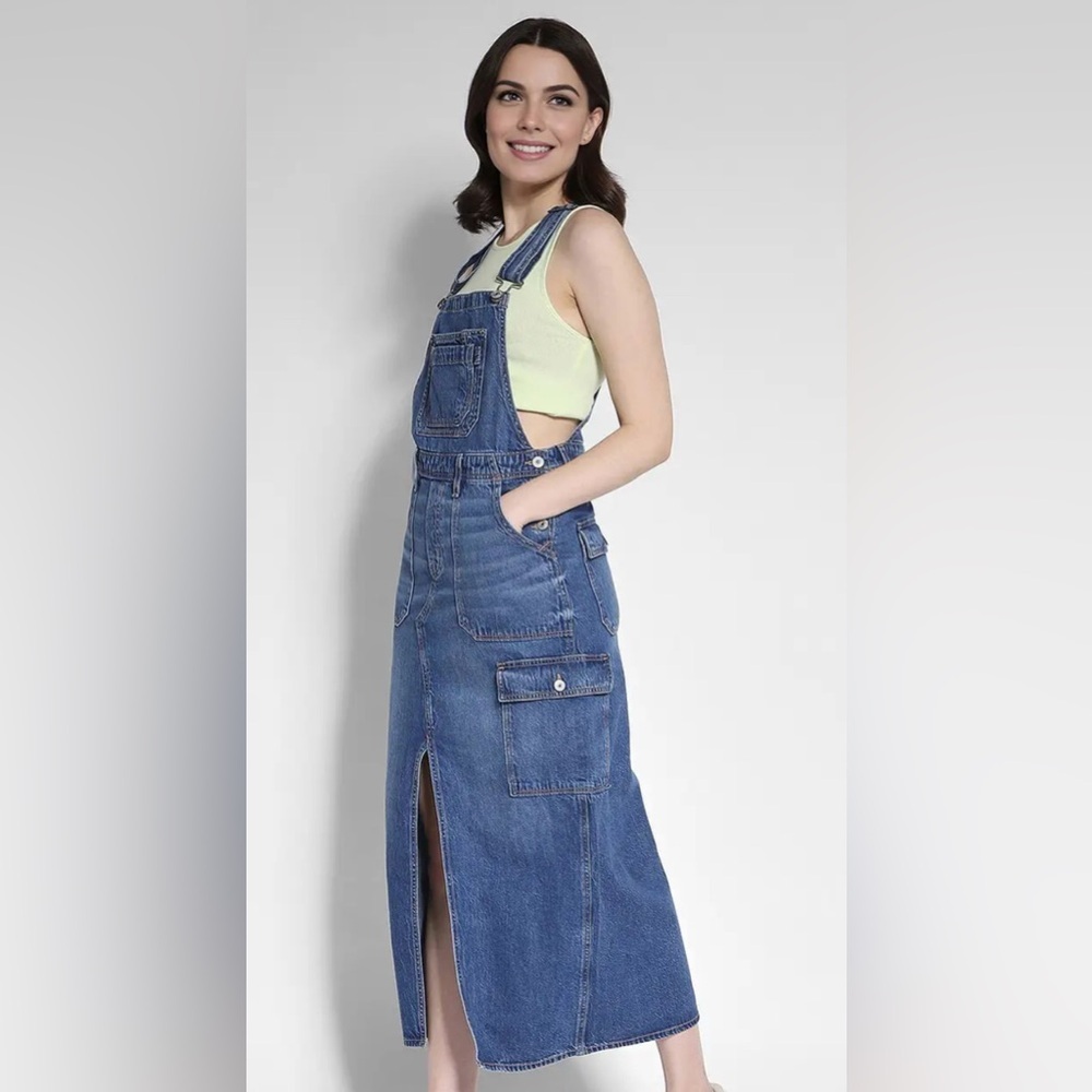American Eagle Denim Overall Maxi Dress Mediumβ Wash Blue Utility Cargo Small